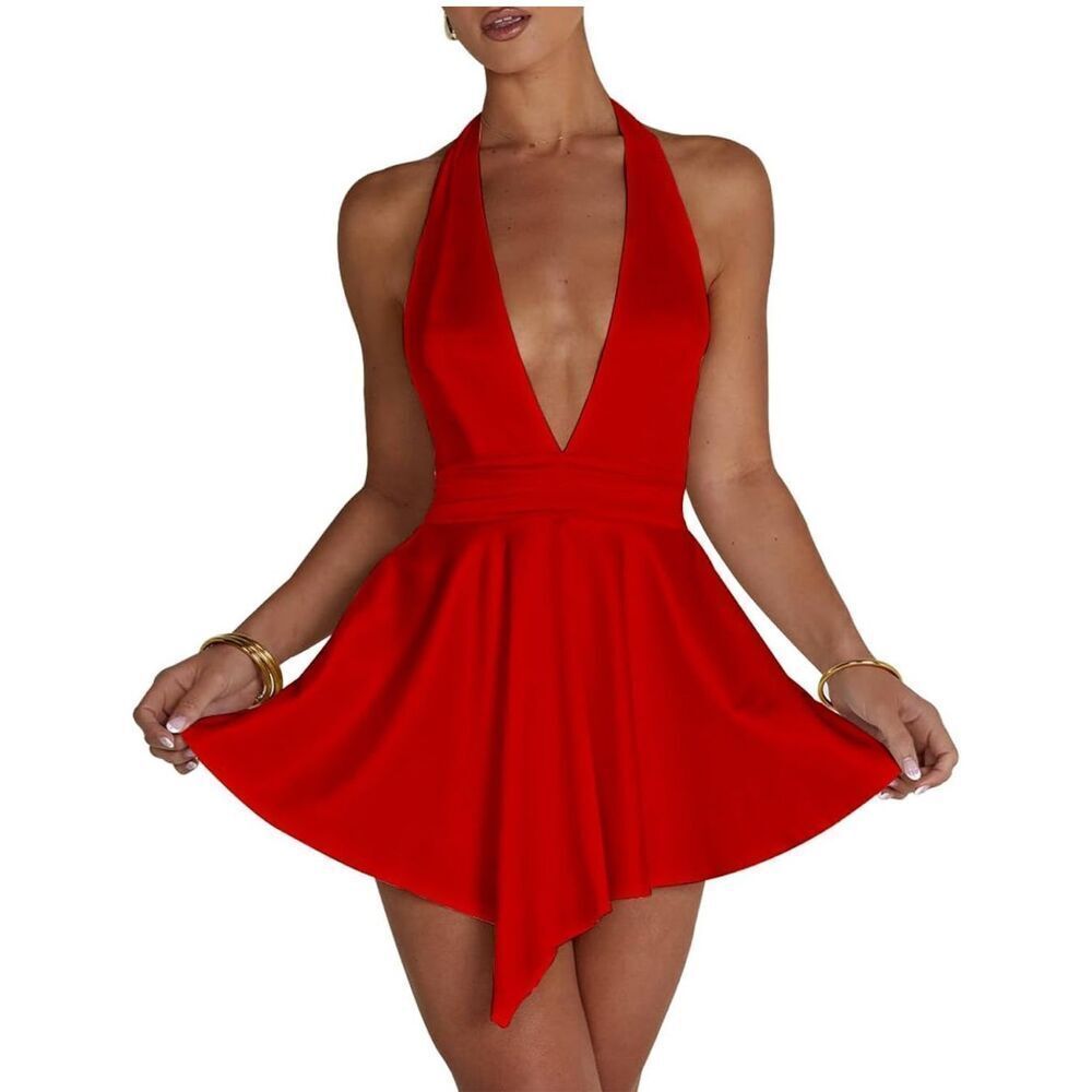 NEW Halter Deep V Neck Backless Tie Back Satin Cocktail Mini Dress M